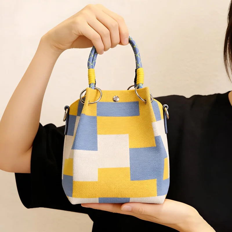 Mini Knitted Bucket Bag Women Small Handbag Geometric Colorblock