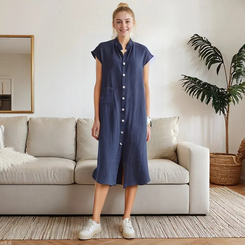 Fashion Loose Shirt Dress 2026 Summer Women's Casual A-line Midi Dress Solid Color Pockets Short Sleeved Dresses Buttons Clothes