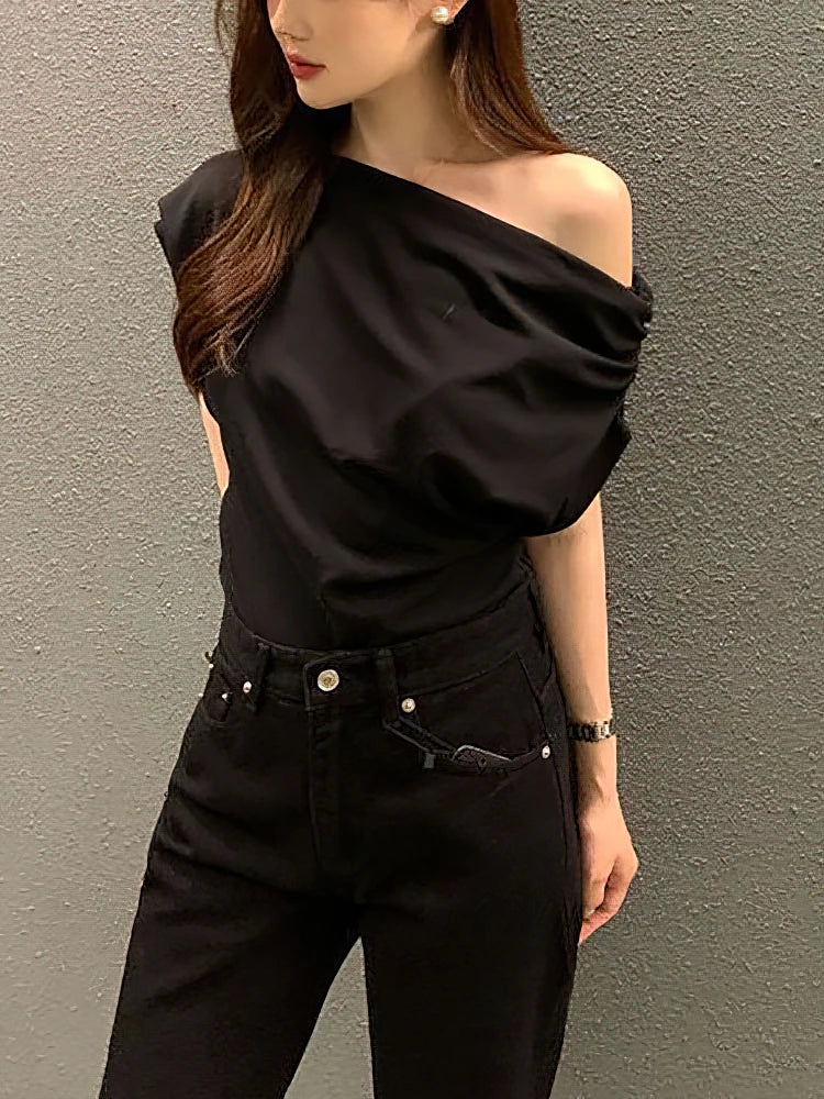 Korean Elegant Summer Off shoulder Top Women One shoulder Loose Casual Short sleeve T shirt Fashion Basic Blouse Lady Spring Sum
