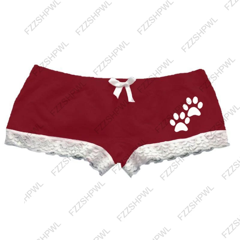 Cat Paw Print Shorts with Bow and Lace Trim