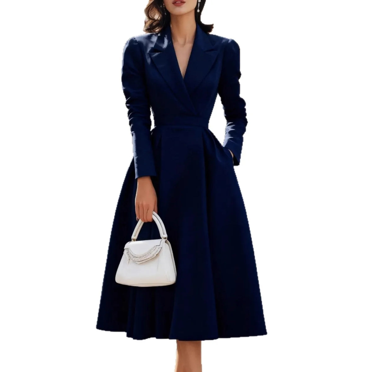 Blazer Collar Wrap V Neck Midi Dress Long Sleeve A Line Pocket Elegant Wedding Guest Dress