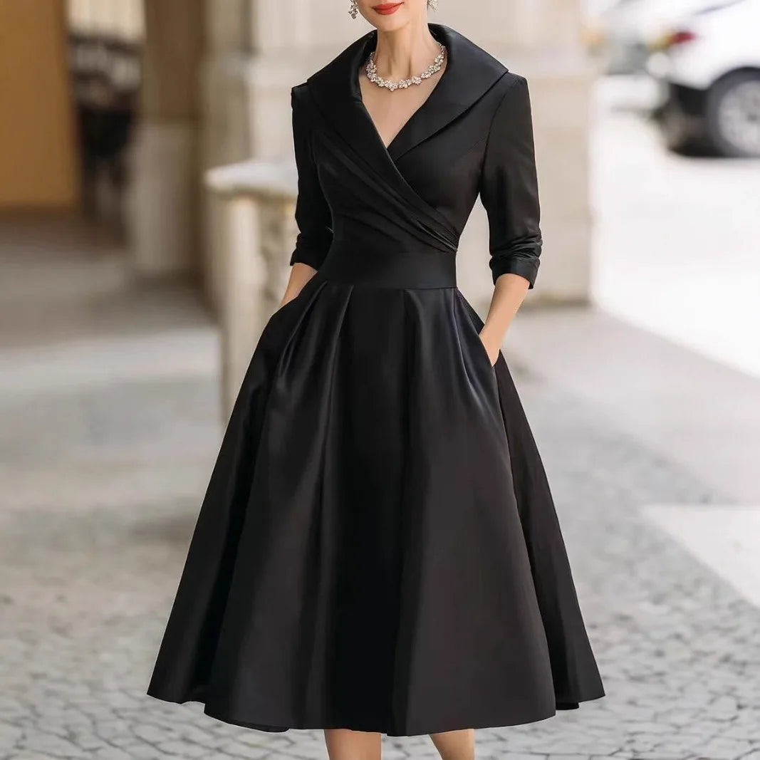 Shawl Lapel Cross V Neck Midi Dress 3 4 Sleeve High Waist A Line Pocket Dress Formal Wedding Guest Outfit