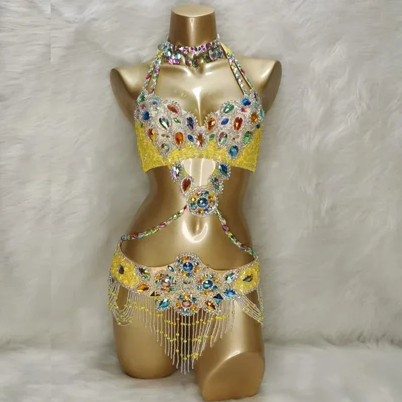 Beaded Crystal Belly Dance Costume, 3 Piece Set