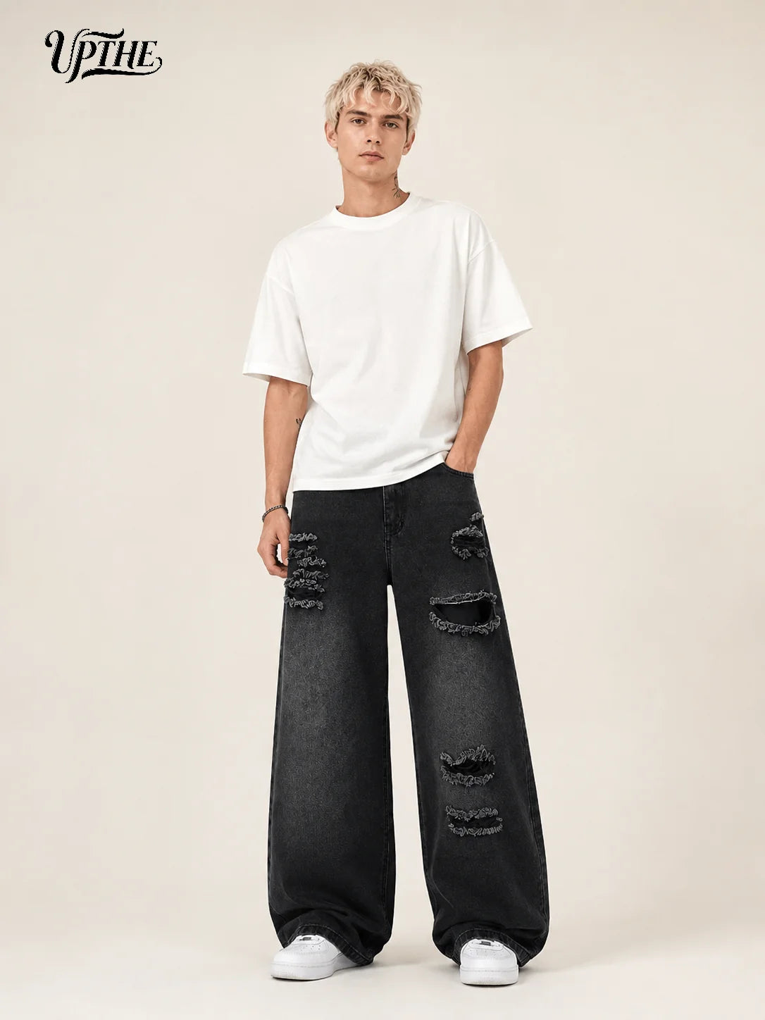 Men's Baggy Wide Leg Ripped Jeans, Y2K Distressed Jacquard Denim Pants, Loose Fit Hip Hop Streetwear Casual Denim Trousers for Men