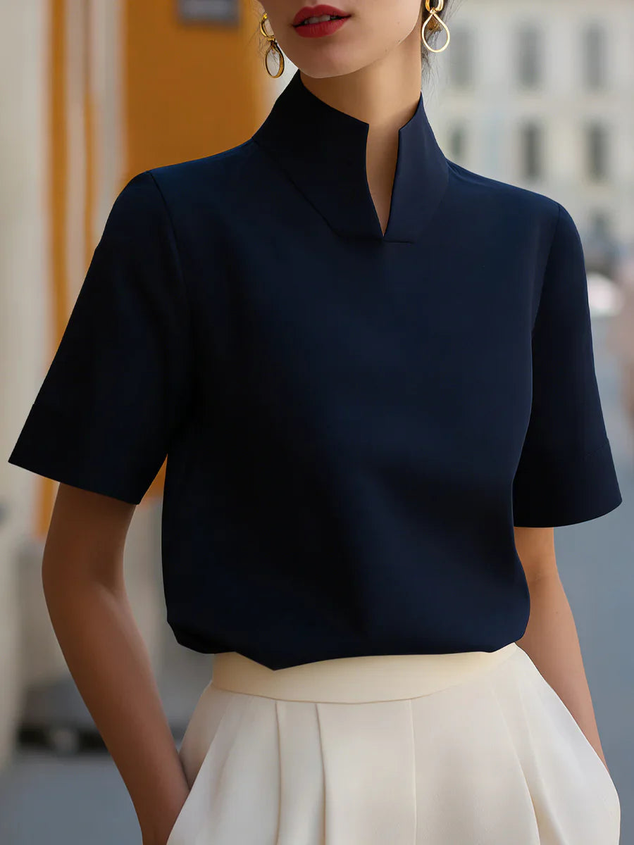 Mandarin Stand Collar Cuffed Short Sleeve Silky Crepe Blouse Women Elegant Office Commuter Shirt