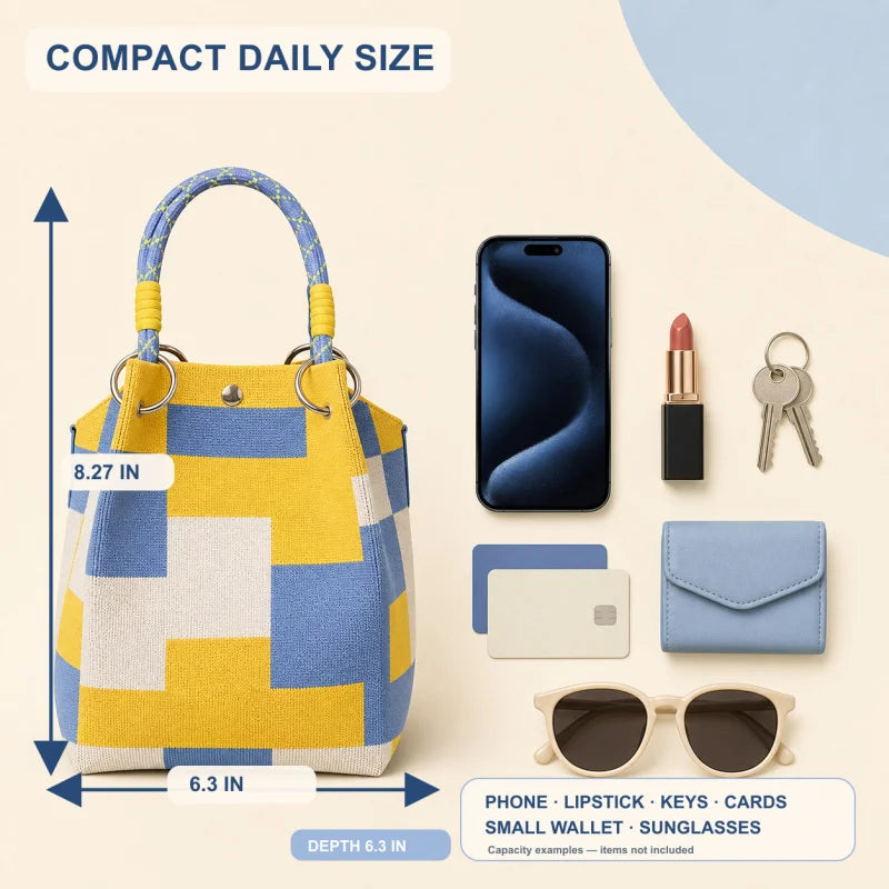 Mini Knitted Bucket Bag Women Small Handbag Geometric Colorblock