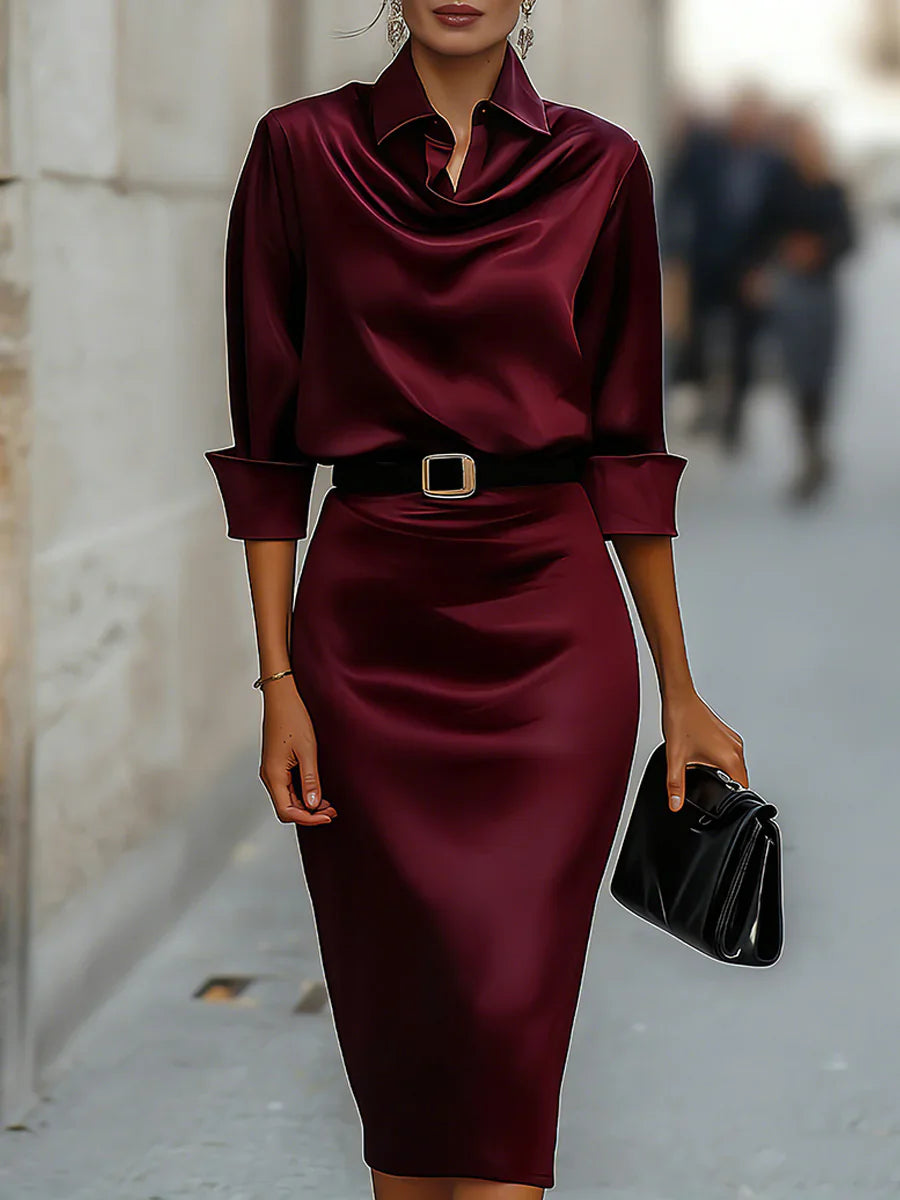 Satin Cowl Neck Shirt Dress With Belt Long Sleeve Bodycon Midi Dress For Women Elegant Casual Party Evening Gown