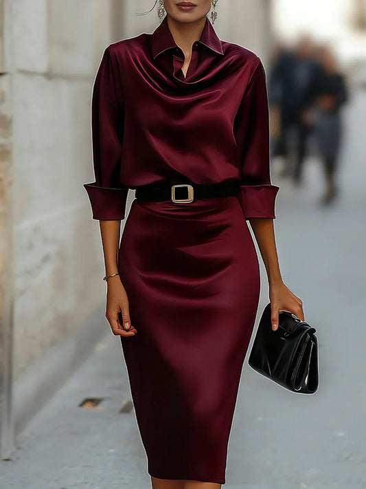 Satin Cowl Neck Shirt Dress With Belt Long Sleeve Bodycon Midi Dress For Women Elegant Casual Party Evening Gown