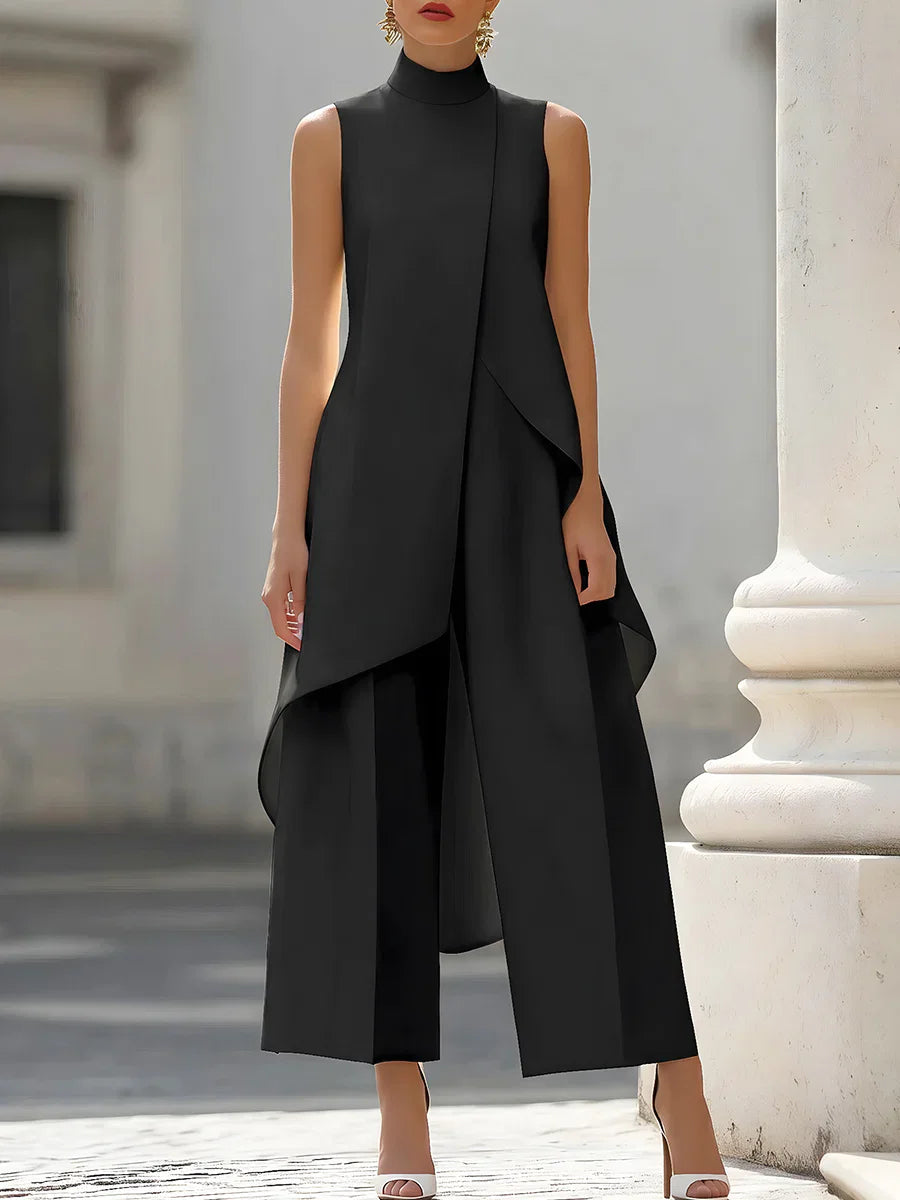 Sleeveless High Neck Asymmetrical Layered Wide Leg Jumpsuit for Women Elegant Formal Evening Wear