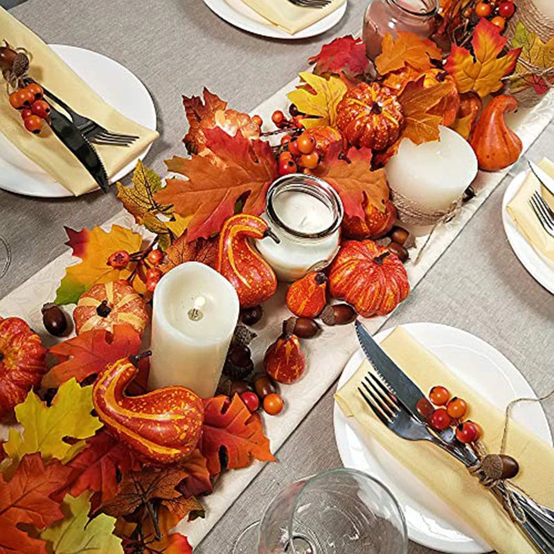 58pcs Thanksgiving Artificial Pumpkins Maple Leaf Autumn Ornament Wedding Home Decor DIY Crafts Halloween Party Decorations