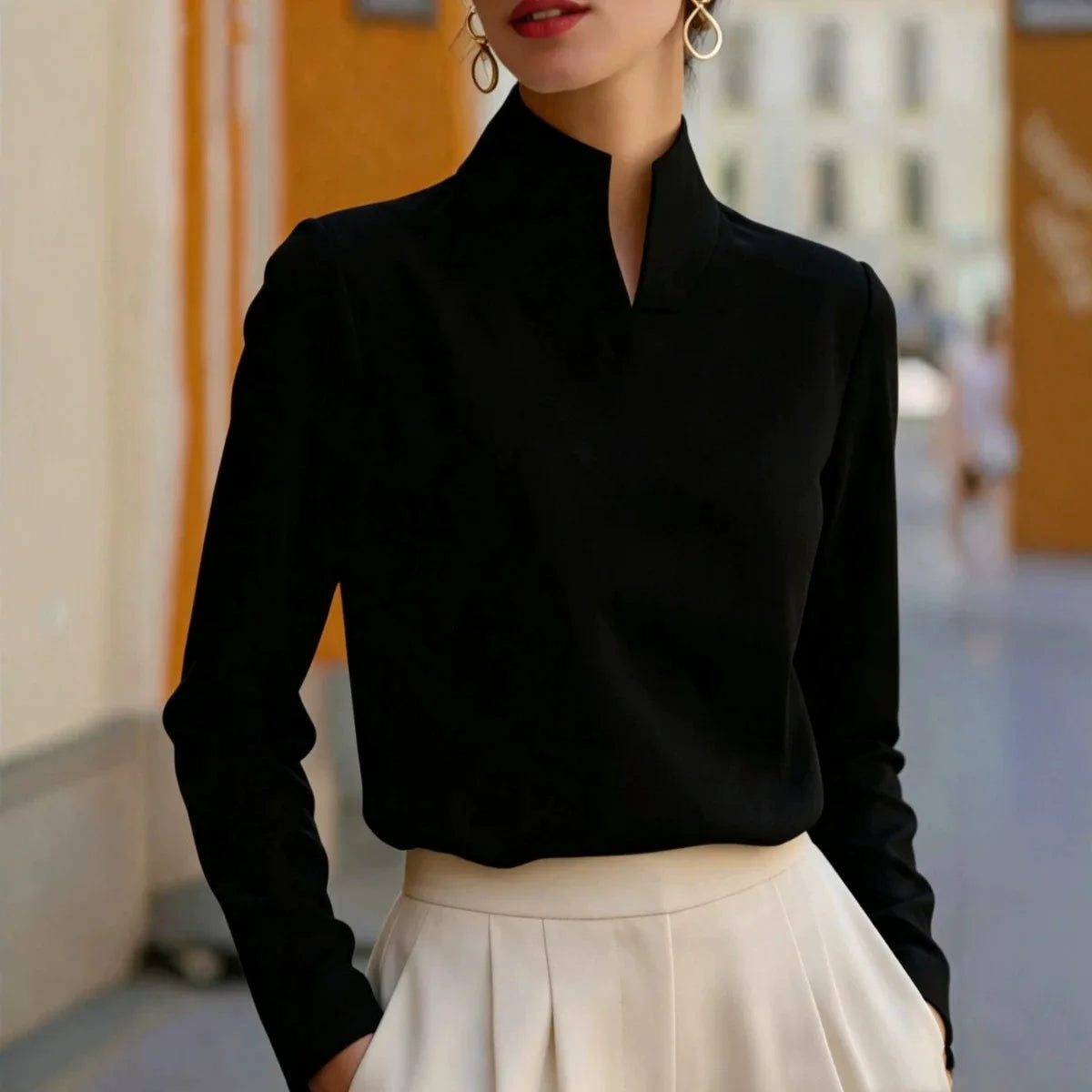 Women Split Stand Collar Long Sleeve Solid Blouse Loose Fit Elegant Formal Business Office Commuter Minimalist Top