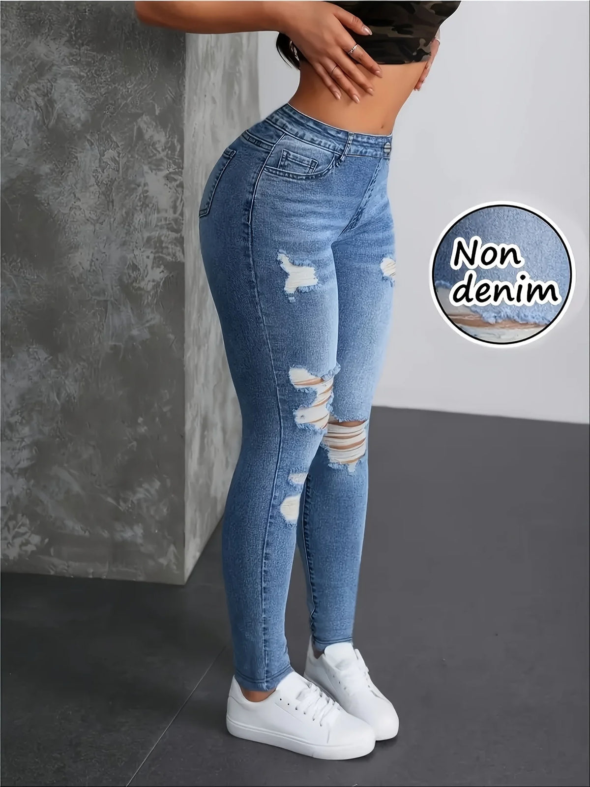 Fashion Women's Faux Denim Printed Skinny Pants, High-Elastic Seamless Leggings with Fake Pockets, Full-Length Sports Leggings