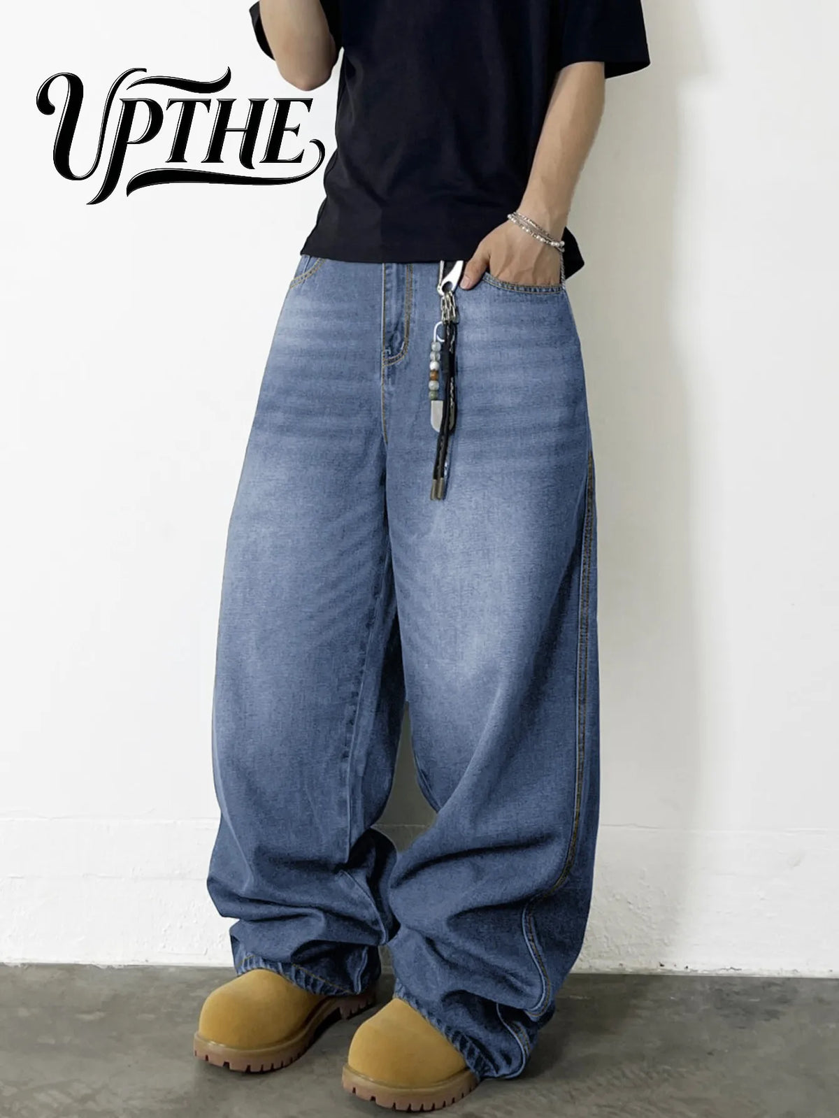 UP.THE Men Light Wash Baggy Wide Leg Jeans, Y2K Oversized Loose Denim Pants, Casual Relaxed Fit Trousers for Daily Shopping Office Wear
