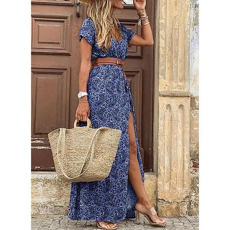 Women's 2023 Floral Summer Dress Wrap V Neck Short Sleeve Belted Ruffle Hem Bohemian Maxi Sun Dresses with Belt A Black