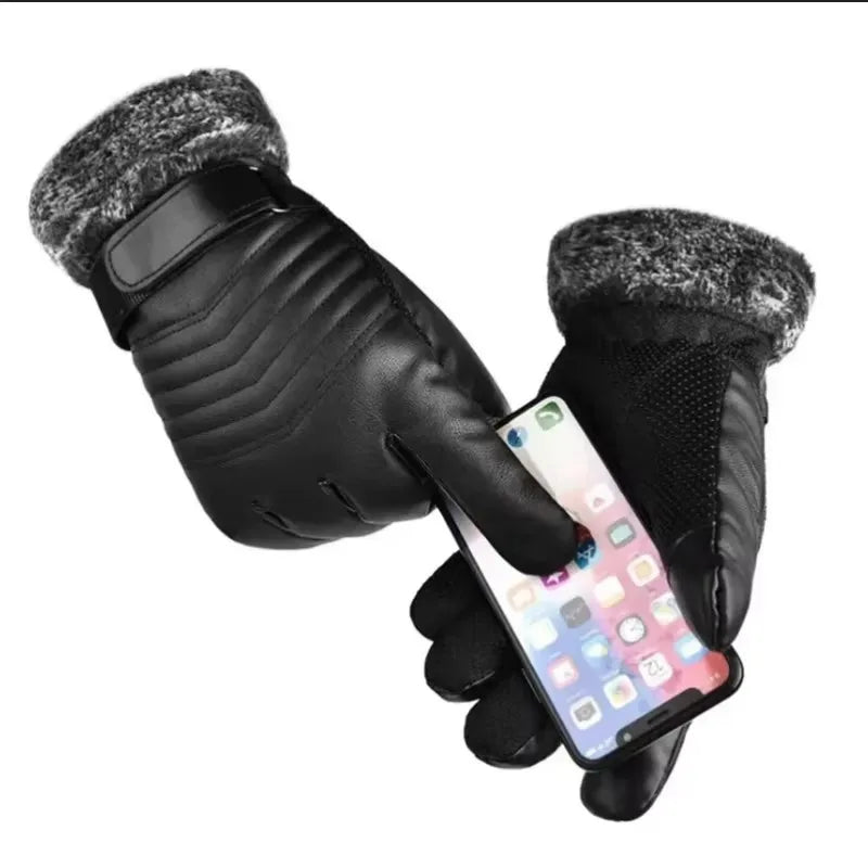 Winter Cycling Gloves for Men's Outdoor Waterproof Touch Screen Motorcycle Full Finger Gloves Leather Electric Bike Warm Gloves