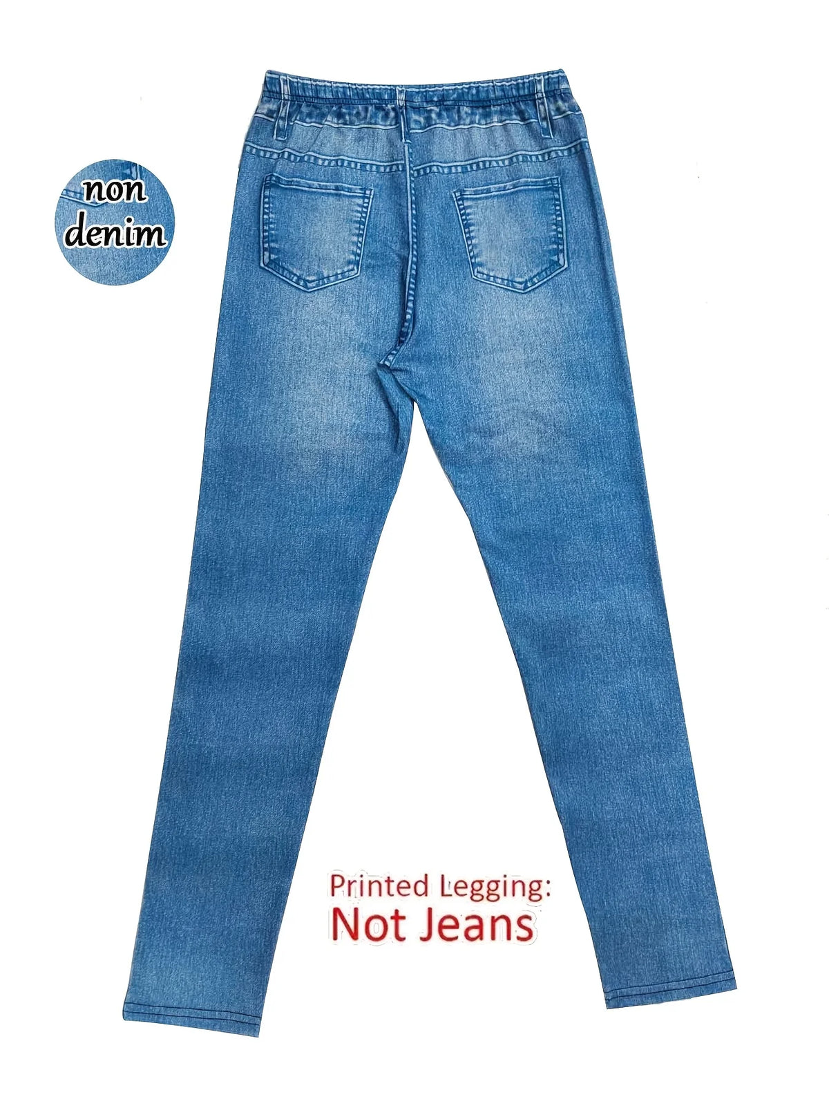 Fashion Women's Faux Denim Printed Skinny Pants, High-Elastic Seamless Leggings with Fake Pockets, Full-Length Sports Leggings