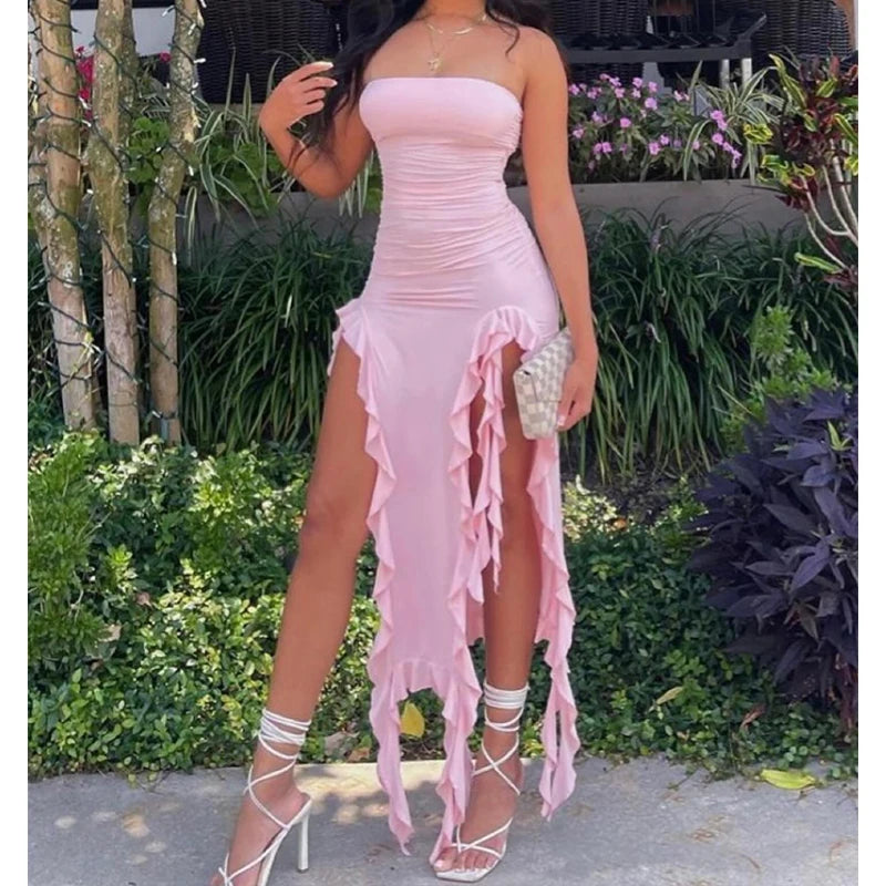 Strapless Backless Mini Dress with High Slit