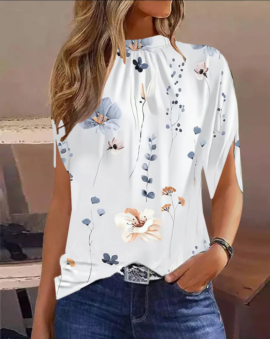 Fashion Shawl Design Short Sleeve Top Shirt Vintage Green Gradient Print Female Loose Pullover Blouse Women Elegant O-Neck Shirt