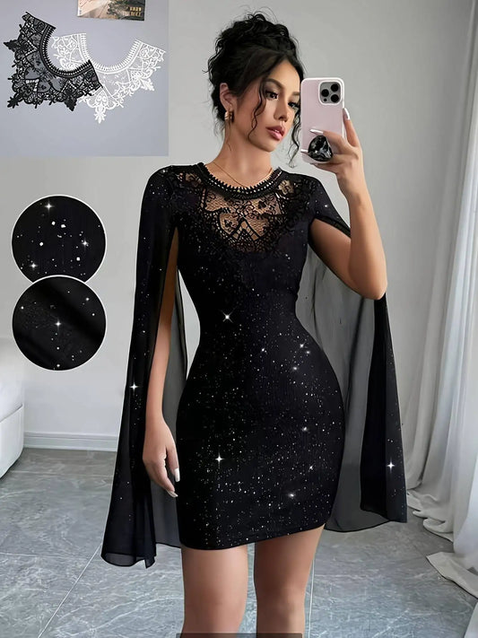 Women Black Glitter Bodycon Mini Dress Lace Crew Neck Sheer Cape Sleeve Slim Party Club Evening Cocktail Short Dress