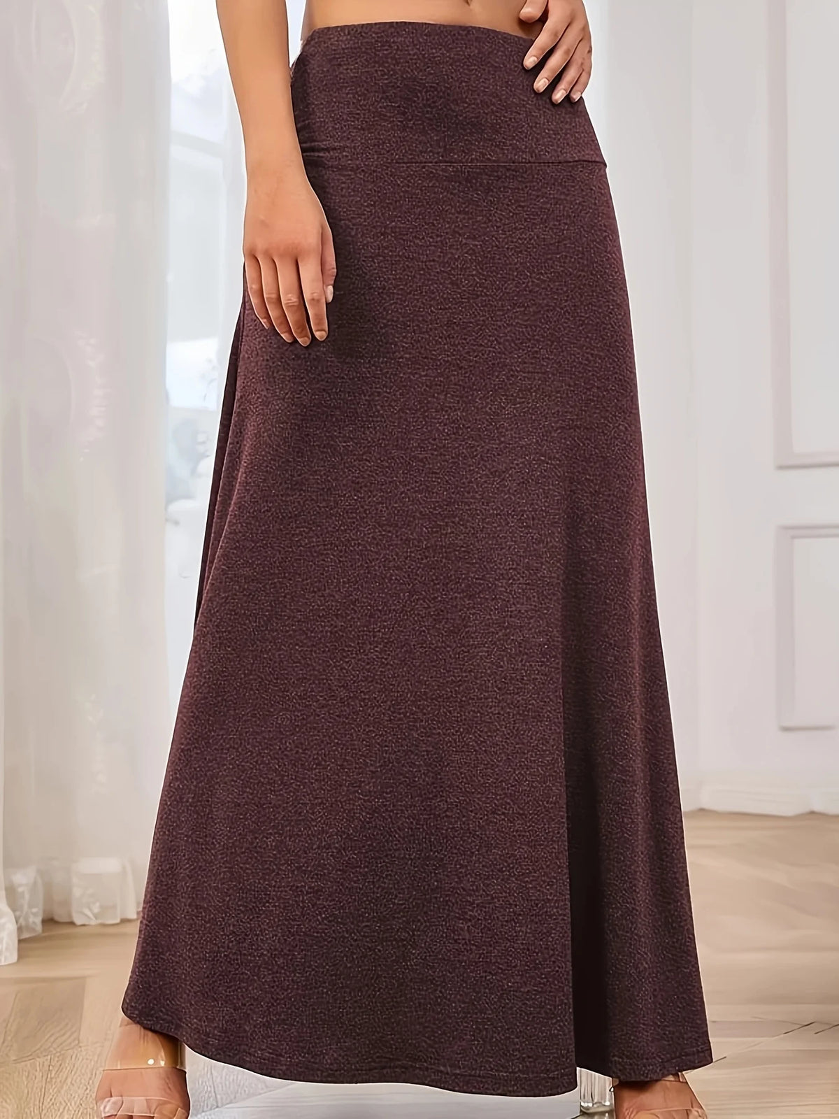 Plus Size Elastic Knitted High Waist Skirt 1XL-5XL Solid Slimming Flared Maxi Skirt Versatile Daily Wear