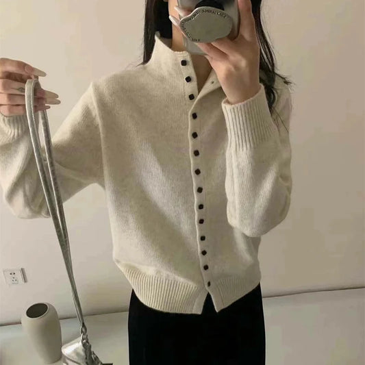 New Soft Comfortable Stand-Up Collar Sweater Cardigan Women Simple