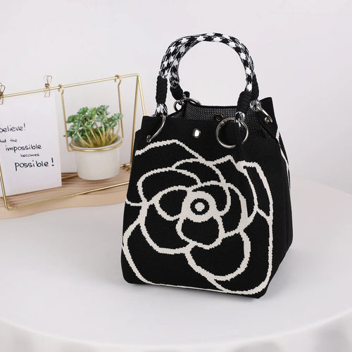 Mini Knitted Bucket Bag Women Small Handbag Geometric Colorblock