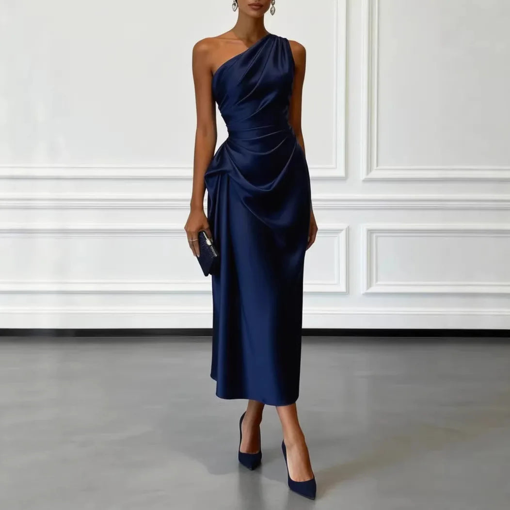 One Shoulder Asymmetrical Neck Satin Midi Dress All Over Side Ruched Draped Detail