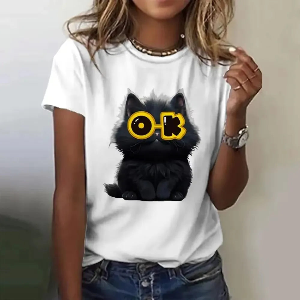 Funny Cat T Shirt Women Angry Cat Print Short Sleeve Tops Casual Pullover Street Y2k Tshirt Female