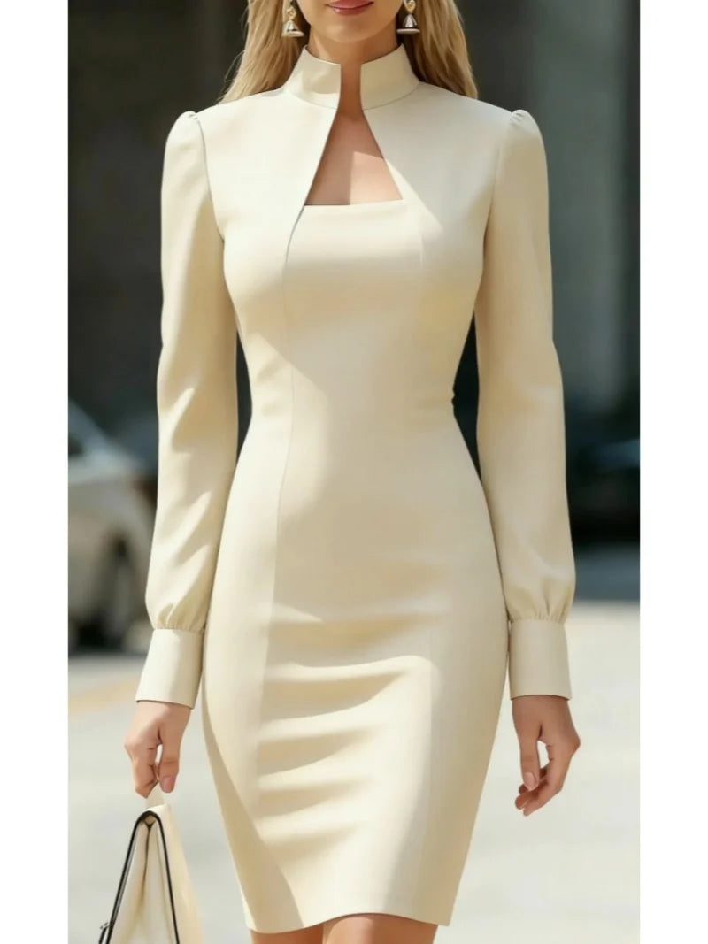 Women Stand Collar Cutout Bodycon Dress Puff Long Sleeve Slim Fit Midi Dress