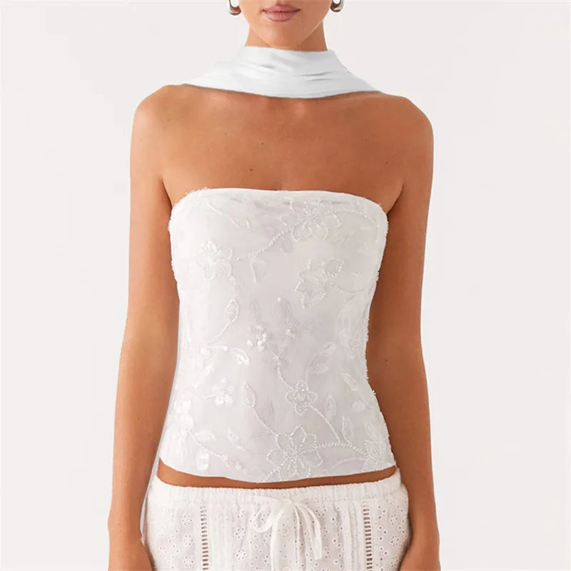 hirigin Women Y2K Sequin Tube Top with Scarf Sexy Backless Pearl Embellished Beaded Cami Bling Glitter Rhinestone Camisole