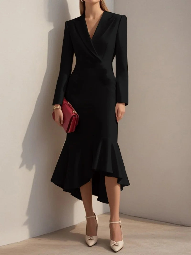 Fashion Lapel Long-sleeved Elegant Hip-wrapped Fishtail Midi Dress