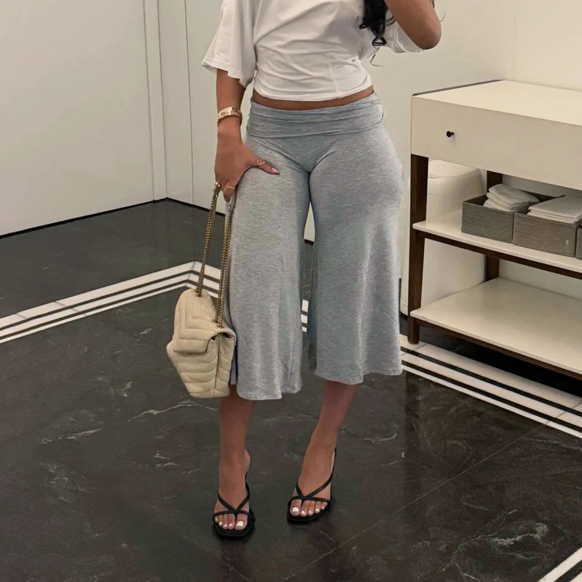 Fold Over Low Waist Knit Capri Pants