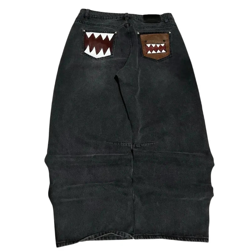 Washed Black Baggy Men Monster Tooth Embroidery Jeans Pocket Wide Leg Denim Pants Y2k Streetwear Hip Hop Loose Trousers Unisex