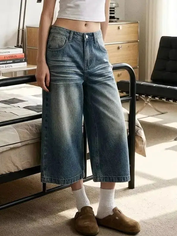 Women Y2K Vintage Light Wash High Waist Cropped Wide Leg Jeans Baggy 7/8 Capri Denim Streetwear Pants
