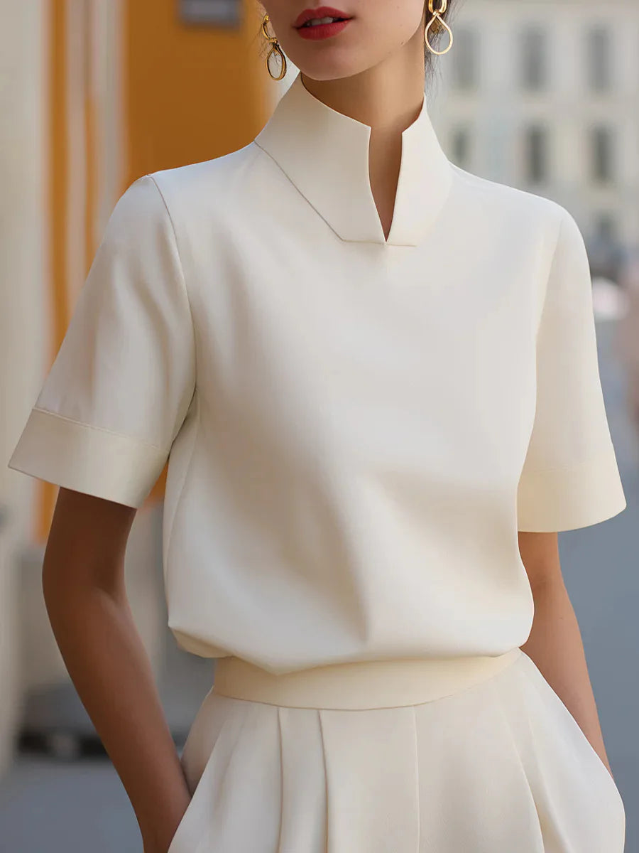Mandarin Stand Collar Cuffed Short Sleeve Silky Crepe Blouse Women Elegant Office Commuter Shirt