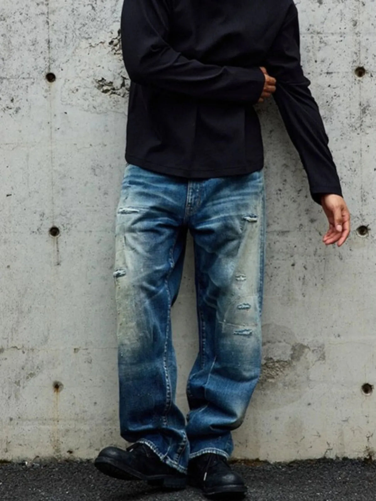 【HME】Men's jeans | Elastic Rear Waist Vintage Destroyed‑effect denim pants, retro cat‑whisker fade men denim trousers, multi‑position subtle frayed rip, roomy wide‑leg silhouette street men pants