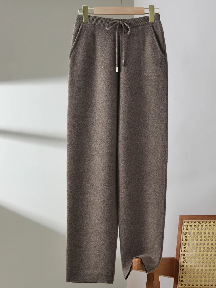100% Pure Wool Small Leg Pants Kintted Autumn Winter Women's Fashionable Casual Versatile Thick Solid Color Pocket Cashmere Pant