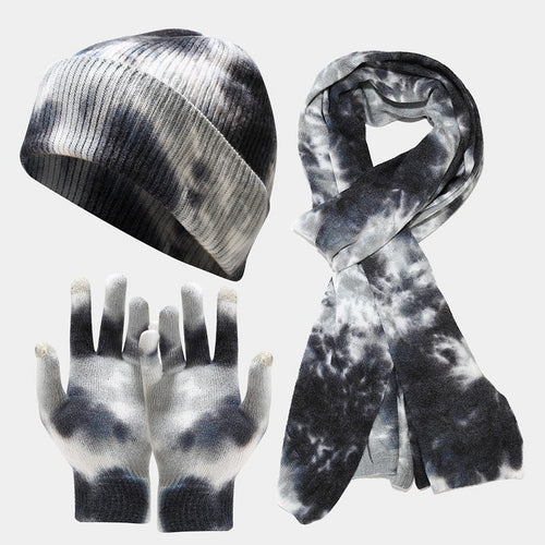 Tie-dye Knitted Hat Gloves Scarf Set Ladies