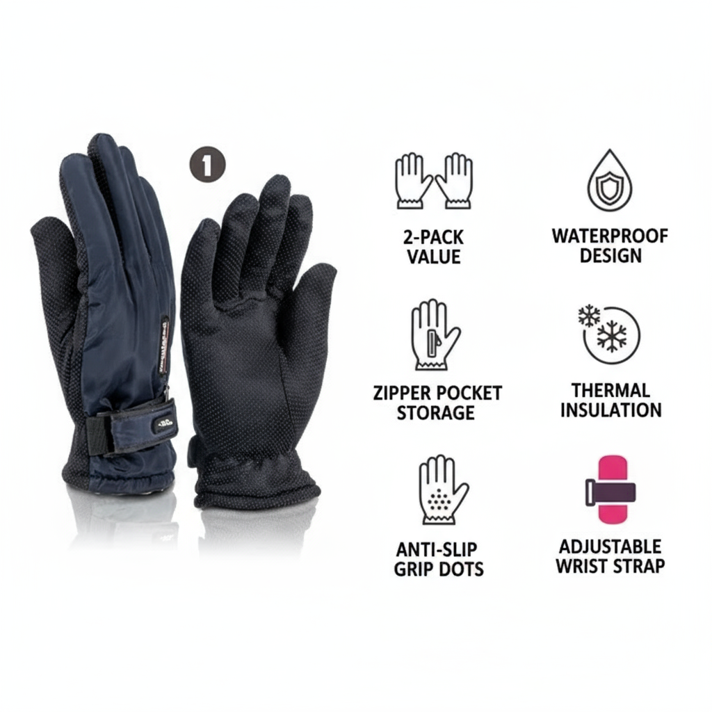 Women's Winter Ski Gloves 2-Pack - Zipper Pocket & Anti-Slip Grip