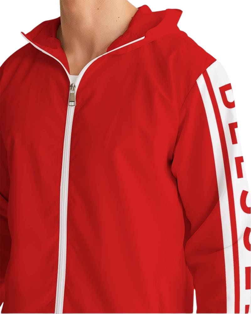 Mens Hooded Windbreaker - Blessed Sleeve Stripe Red Water Resistant