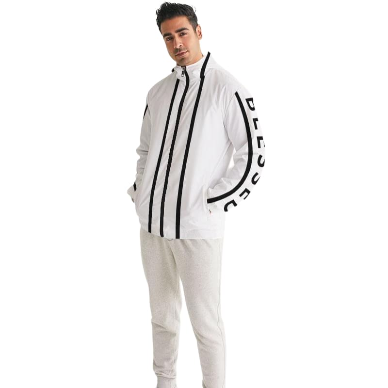 Mens Hooded Windbreaker - Blessed Sleeve Stripe White Water Resistant