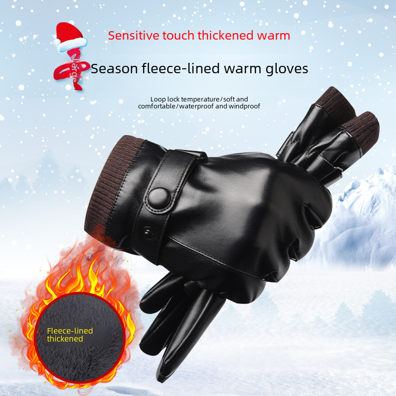 Winter Leather Fleece-Lined Warm Gloves for Men, Windproof Cycling