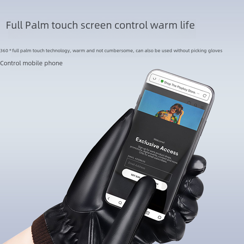 Winter Leather Fleece-Lined Warm Gloves for Men, Windproof Cycling