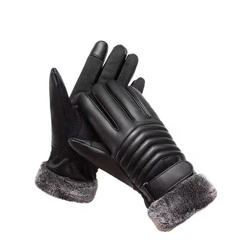 Winter Leather Fleece-Lined Warm Gloves for Men, Windproof Cycling
