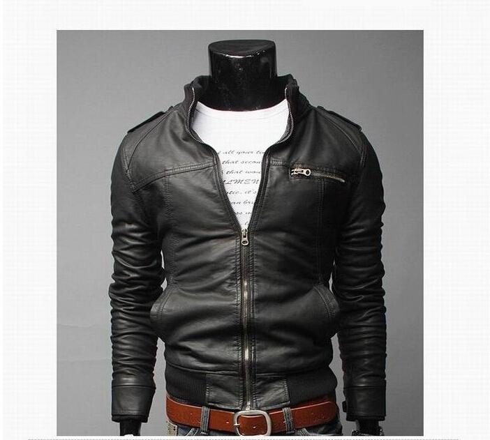 Men's PU Leather Jacket with Mandarin Collar