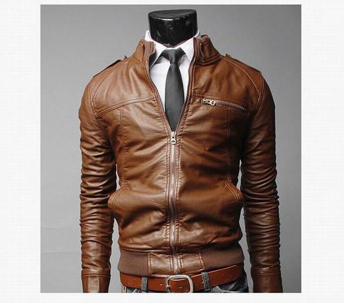 Men's PU Leather Jacket with Mandarin Collar