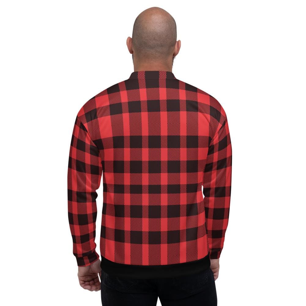 Bomber Jacket for Men - Red and Black Plaid Colorblock Pattern